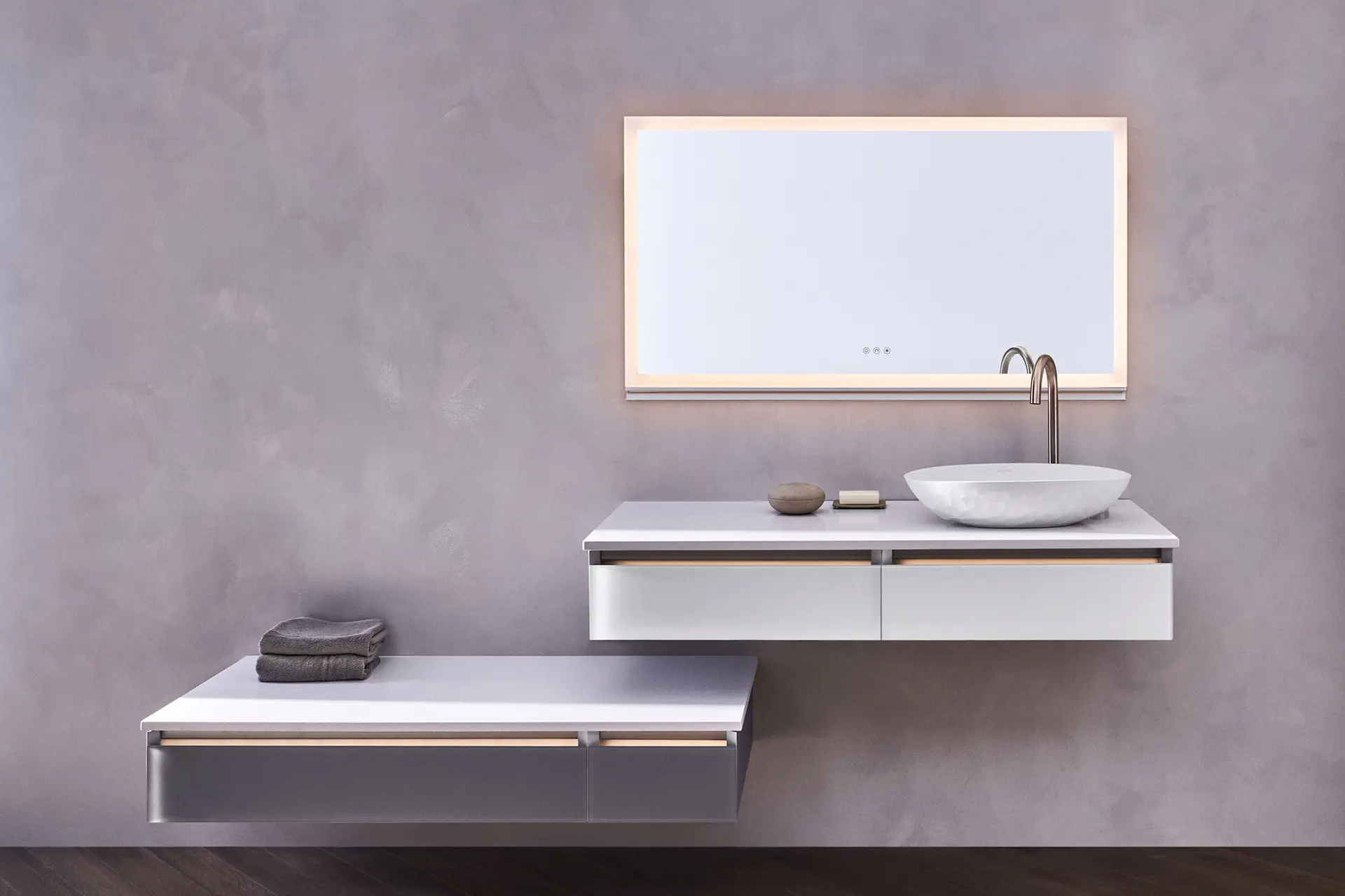 minimalist luxury bathroom with sleek elegant vanities and beautiful bathroom mirror with lights