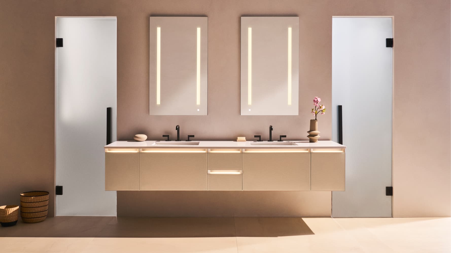 luxury bathroom vanity in elegant pink bathroom
